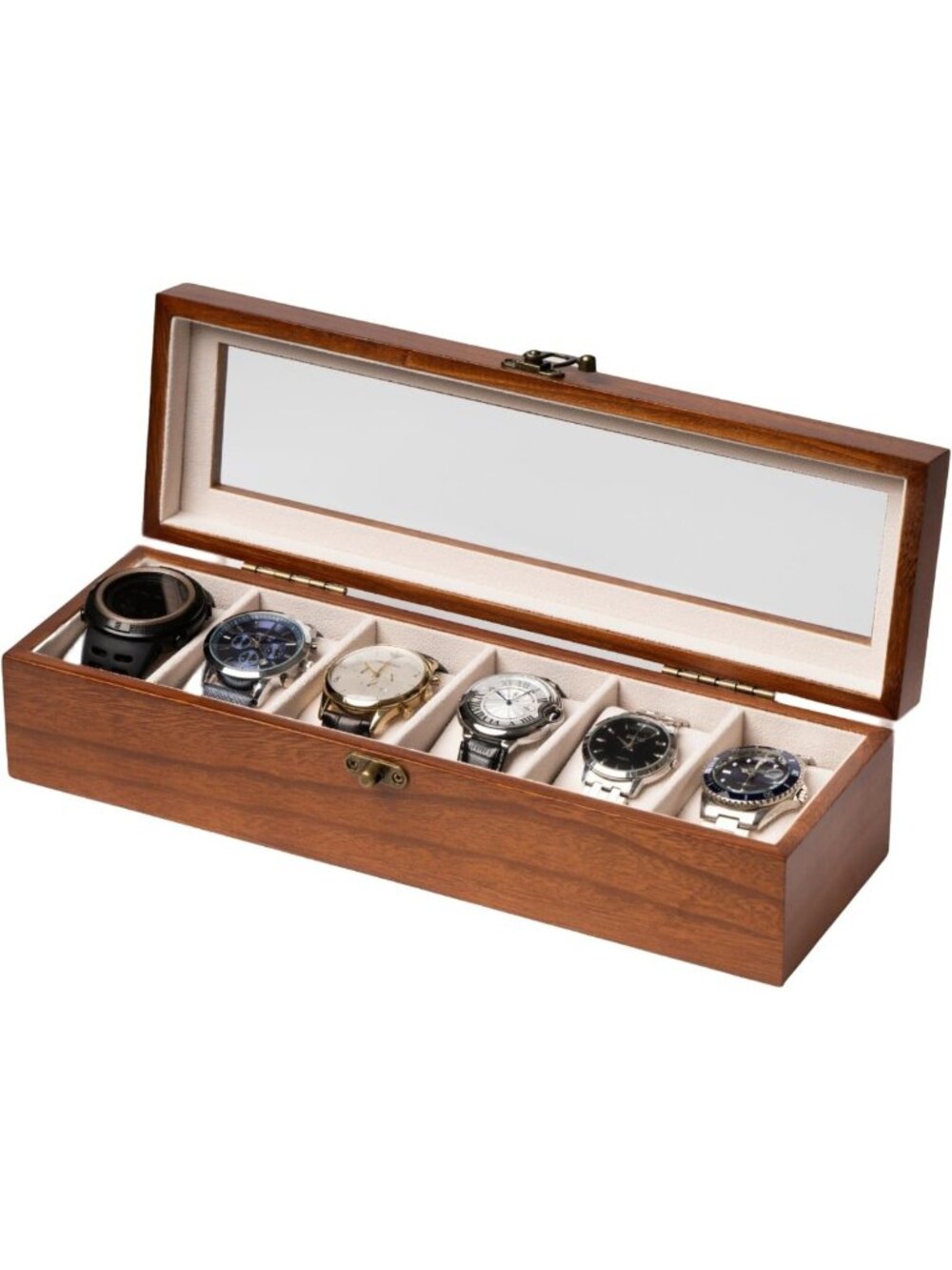 Elegant Wooden Watch Box Organizer with Glass Lid - 6-Slot Storage for Men